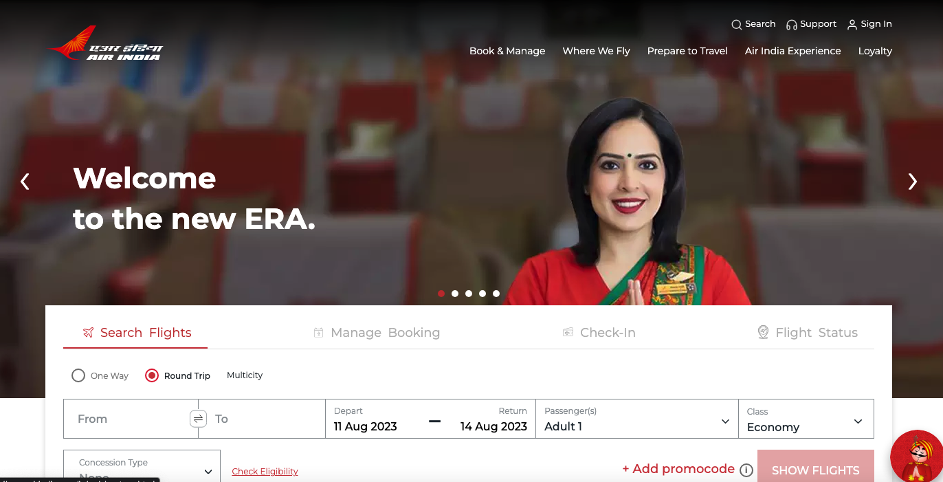 SCREENSHOT GRAB FROM AIR INDIA WEBSITE